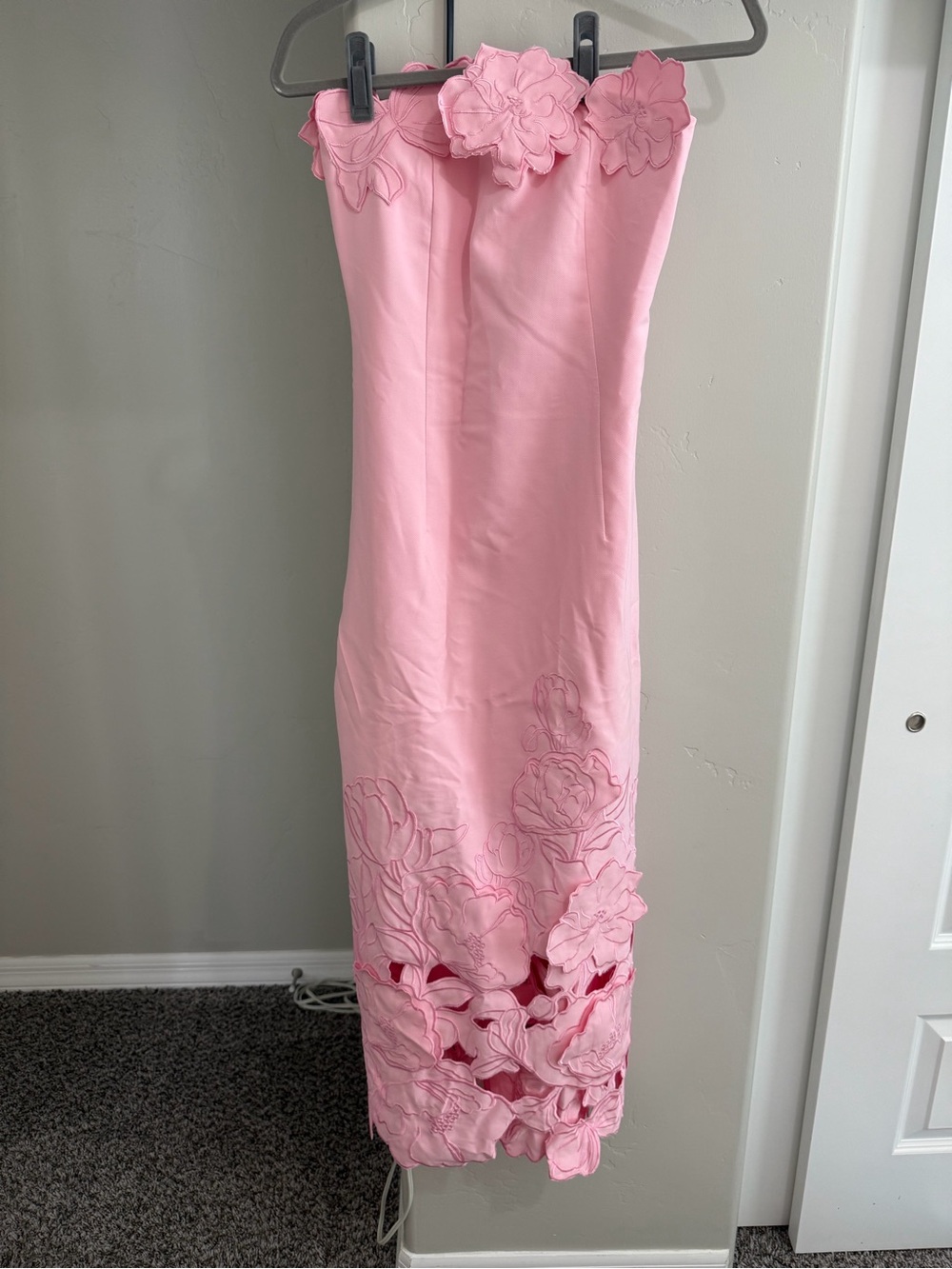 Strapless Pink Midi Dress with Floral Appliqué